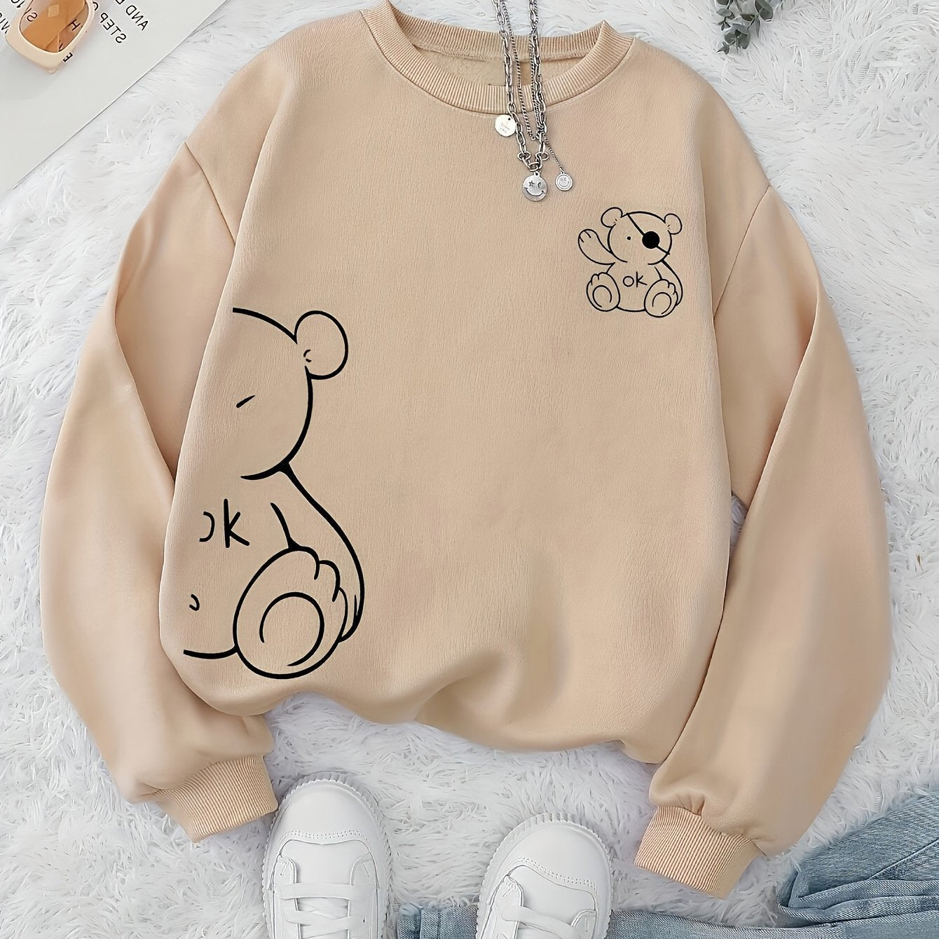 Women's Casual Cartoon Graphic Thermal Lined Sweatshirt, Polyester, Round Neck, Knit Fabric, Autumn/Winter Fashion Hoodie