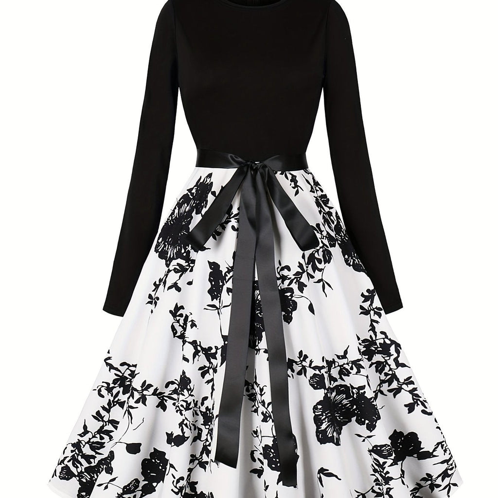 Abstract Print Long Sleeve Dress, Vintage Crew Neck Flared Dress, Women's Clothing