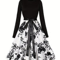 Abstract Print Long Sleeve Dress, Vintage Crew Neck Flared Dress, Women's Clothing
