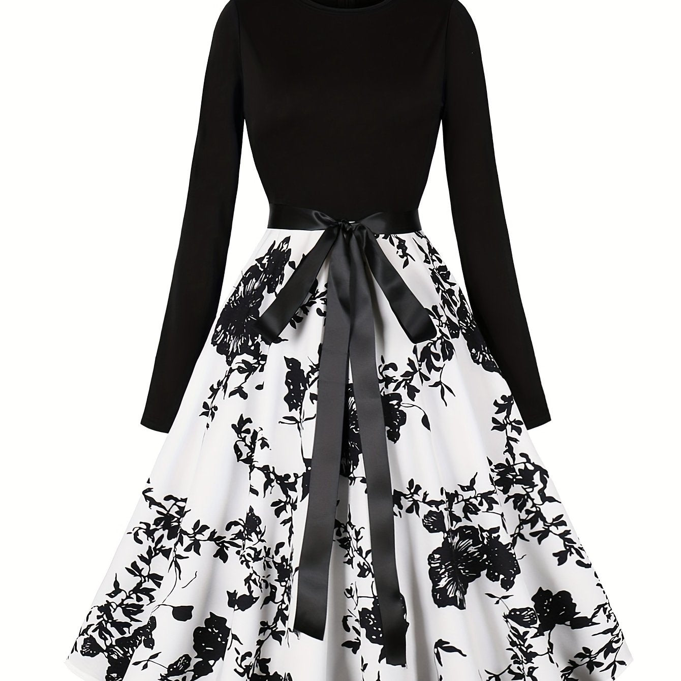 Abstract Print Long Sleeve Dress, Vintage Crew Neck Flared Dress, Women's Clothing
