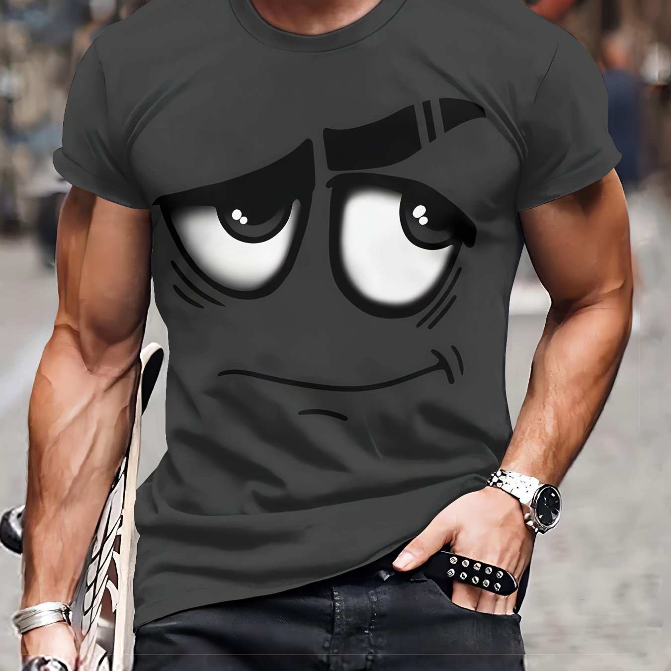 T-shirt casual da uomo Valstrend con grafica 3D, in poliestere, collo rotondo, lavabile in lavatrice, stile innovativo e comodo.