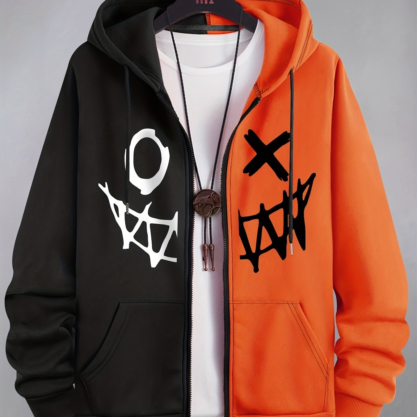Contrast Color Matching Design Men's Hooded Jacket Cartoon Pattern Casual Long Sleeve Hoodies With Zipper Gym Sports Hooded Coat For Spring Fall