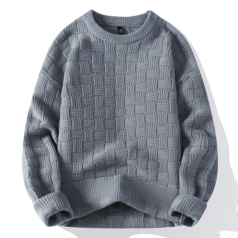 Maglione uomo a collo rotondo in maglia, nuovo stile moda, marca Valstrend shop, dettaglio di tessuto e vestibilità.