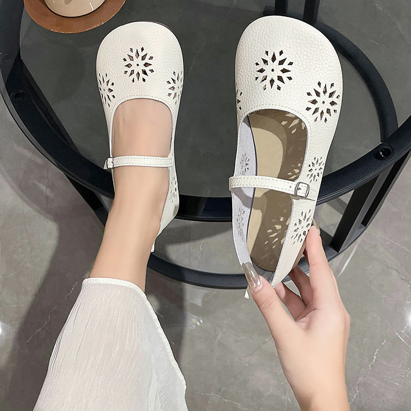 Hole Shoes Buckle Hollowed Leisure Flat Outerwear Retro Soft Leather