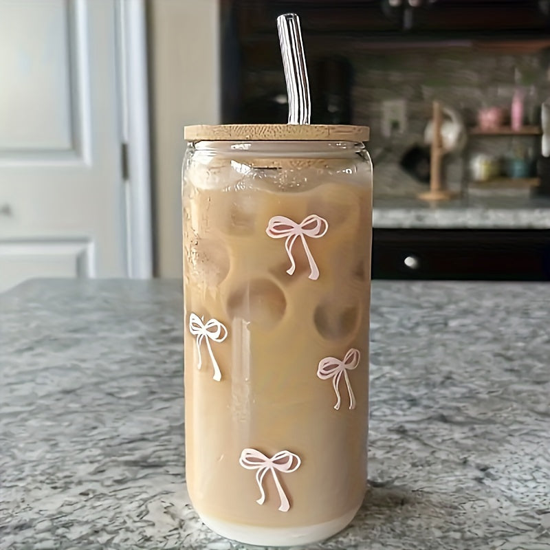 Tazza in vetro rosa con fiocco, coperchio in bambù e cannuccia, ideale per caffè e bevande fredde, marca Valstrend shop.
