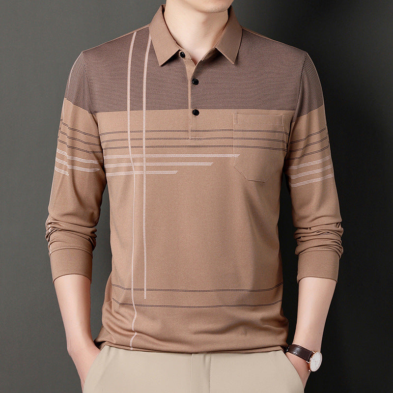 Camicia polo a maniche lunghe da uomo Valstrend, a righe con tasca reale, stile casual e trendy per uomini di mezza età.