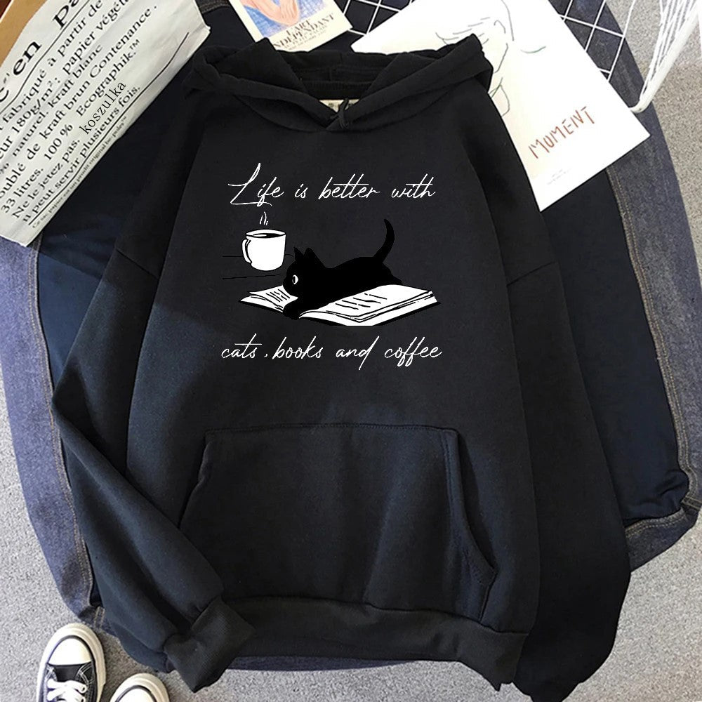 European And American Street Coffee Cat Cartoon Print Sweatshirt