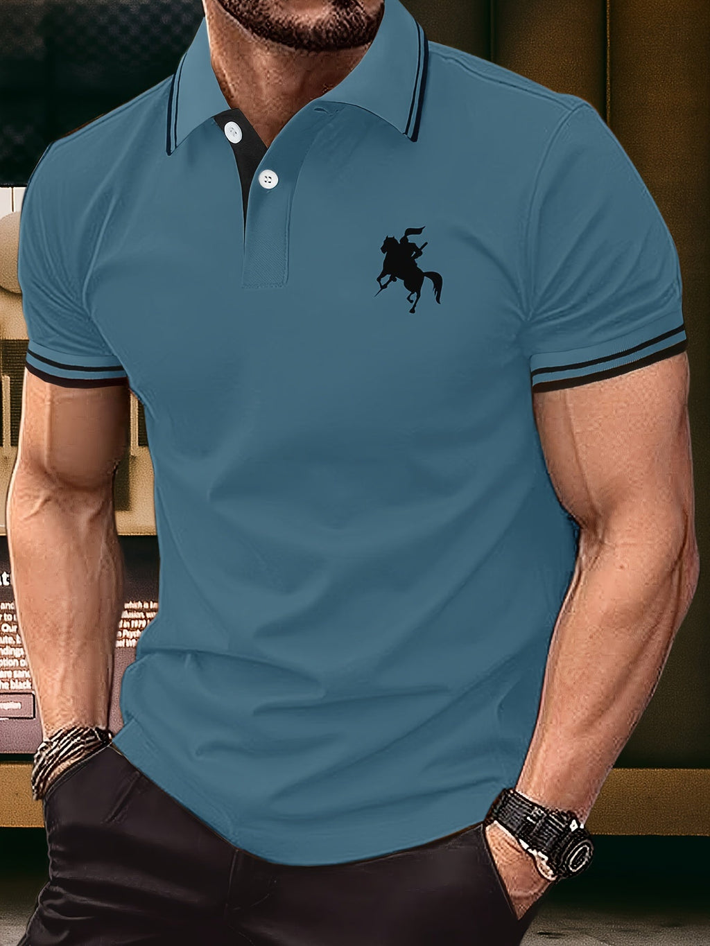 Camicia da uomo Valstrend con stampa cavaliere estate, maniche corte, collo a revers, stile golf e casual per sport e lavoro.