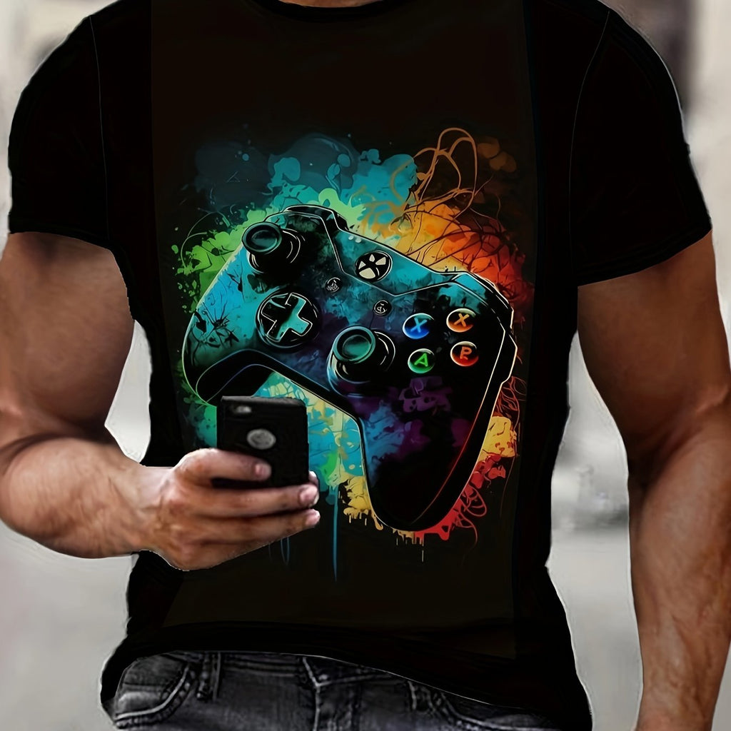Men's Gamepad Print T-shirt, Casual Short Sleeve Crew Neck Tee, Men's Clothing For Outdoor