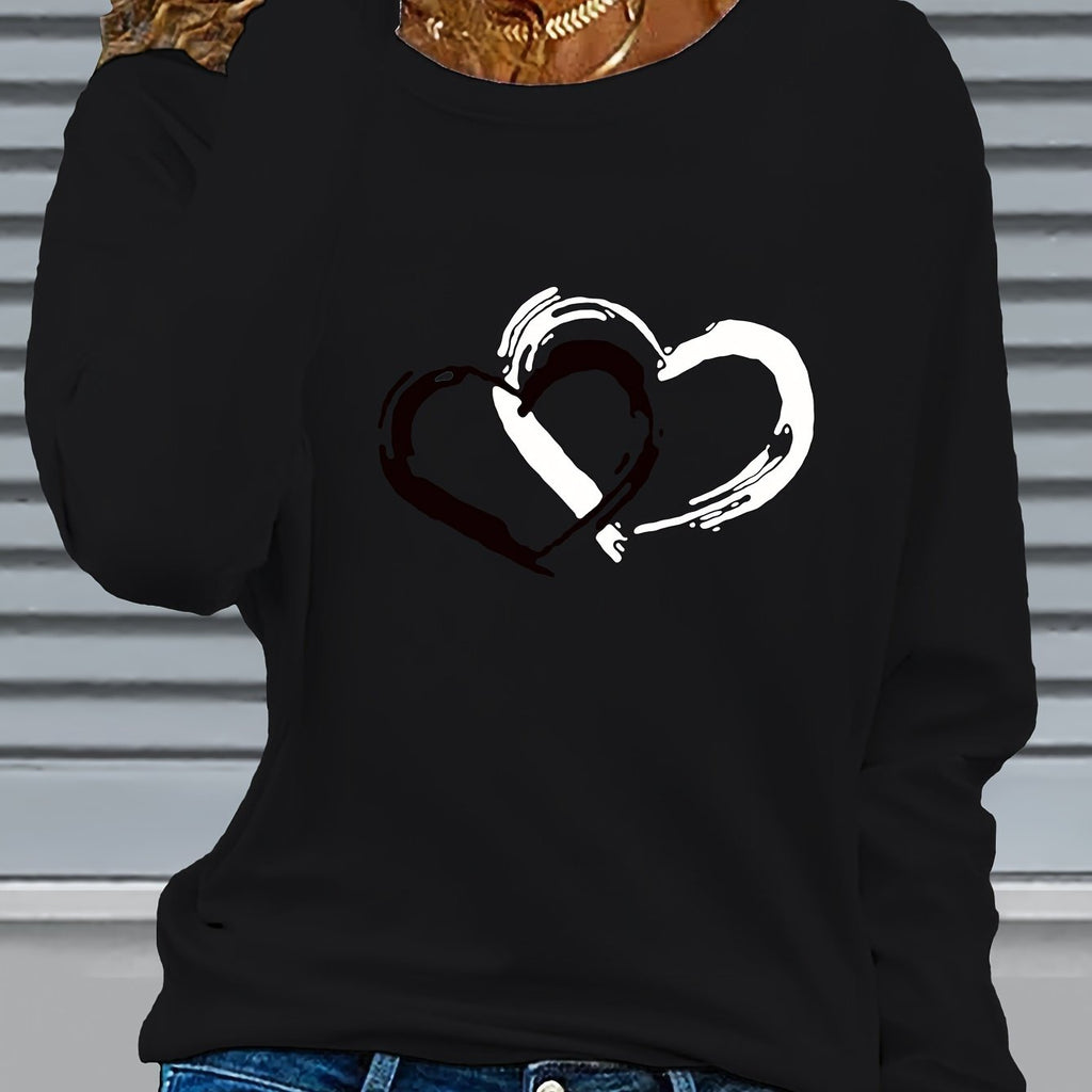 Maglietta a maniche lunghe da donna Valstrend con stampa cuore, tessuto elasticizzato, collo rotondo e stile casual per autunno inverno