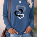Maglietta da donna Valstrend in poliestere elasticizzata con stampa cuore blu, collo rotondo, ideale per primavera, estate e autunno