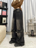 Jeans donna Valstrend Shop American Retro a gamba larga e dritta, tessuto denim blu con dettagli vintage.