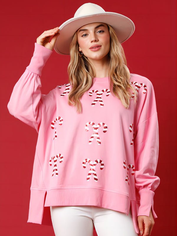 Maglione natalizio Valstrend con scollo tondo e paillettes, maglia a maniche lunghe decorata con sequins per feste di Natale