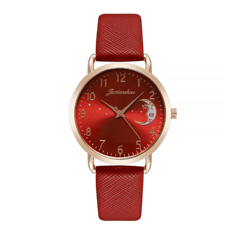 Orologio da donna Valstrend con quadrante personalizzato e cinturino in pelle, accompagnato da bracciali eleganti in metallo.