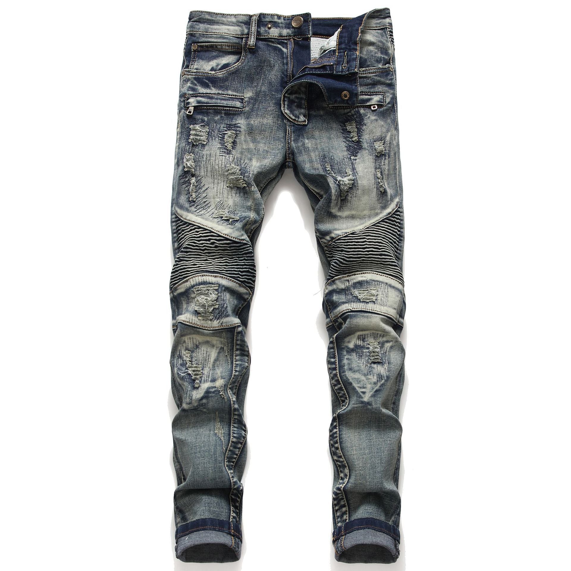 Jeans skinny elasticati Valstrend con foro rovinato e patch retrò, stile crumpled e aderente, in denim blu.