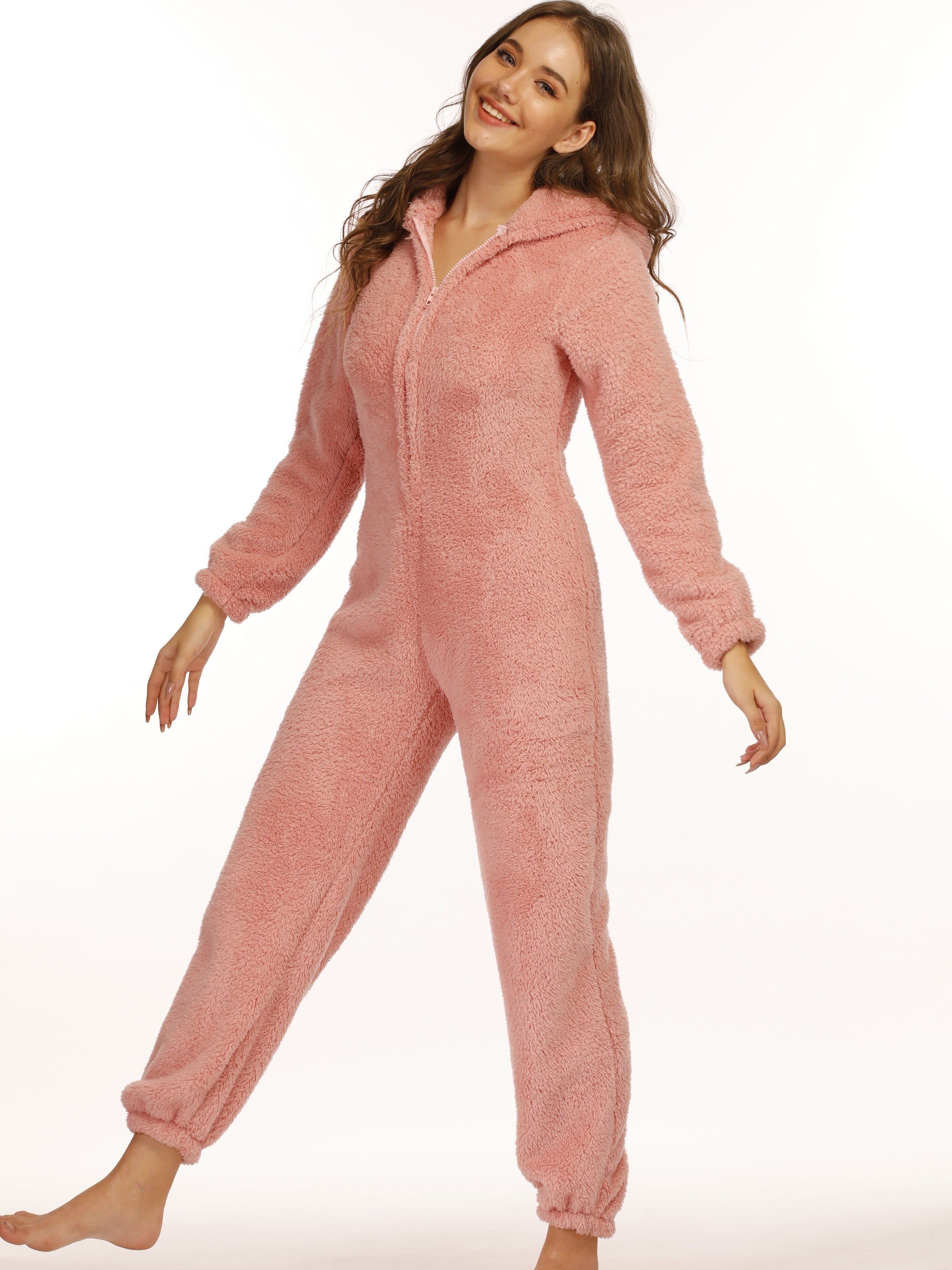 Tuta con cappuccio e zip Valstrend, vestito casual a maniche lunghe in tessuto teddy caldo per donna, vista frontale.