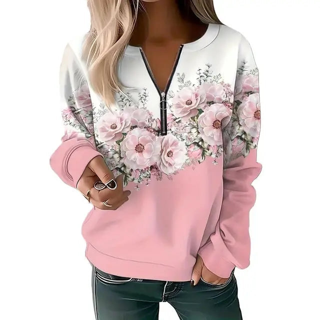 Felpa donna con zip Valstrend, casual, stampata, con collo alto e dettagli decorativi, comoda e versatile, vista frontale.