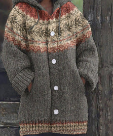 Cappotto retrò di lana con cappuccio rilassato e maglia a maglia, marchio Valstrend shop, vista frontale, tessuto morbido e caldo