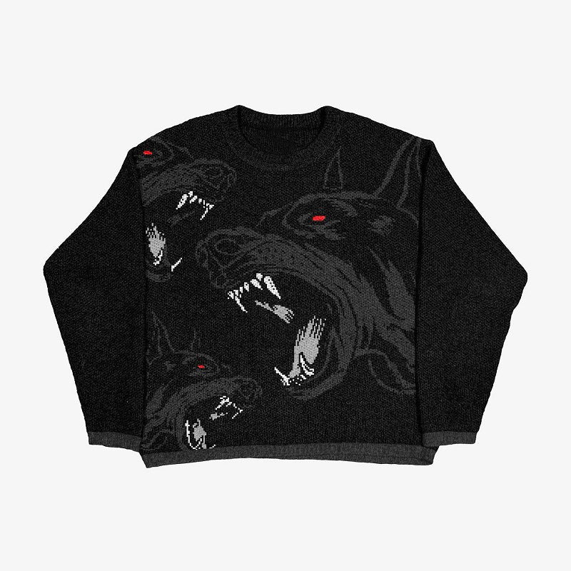 Maglione nero a collo rotondo di Valstrend, morbido, con motivo gotico e stampa, maniche lunghe e vestibilità ampia.