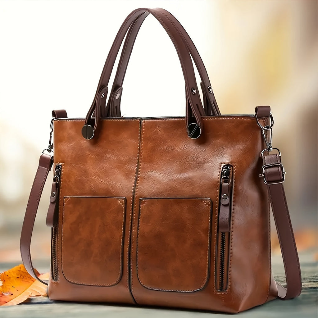 Borsa tote grande in similpelle vintage per donna, con chiusura zip e manico a spalla, design elegante e capiente di Valstrend.