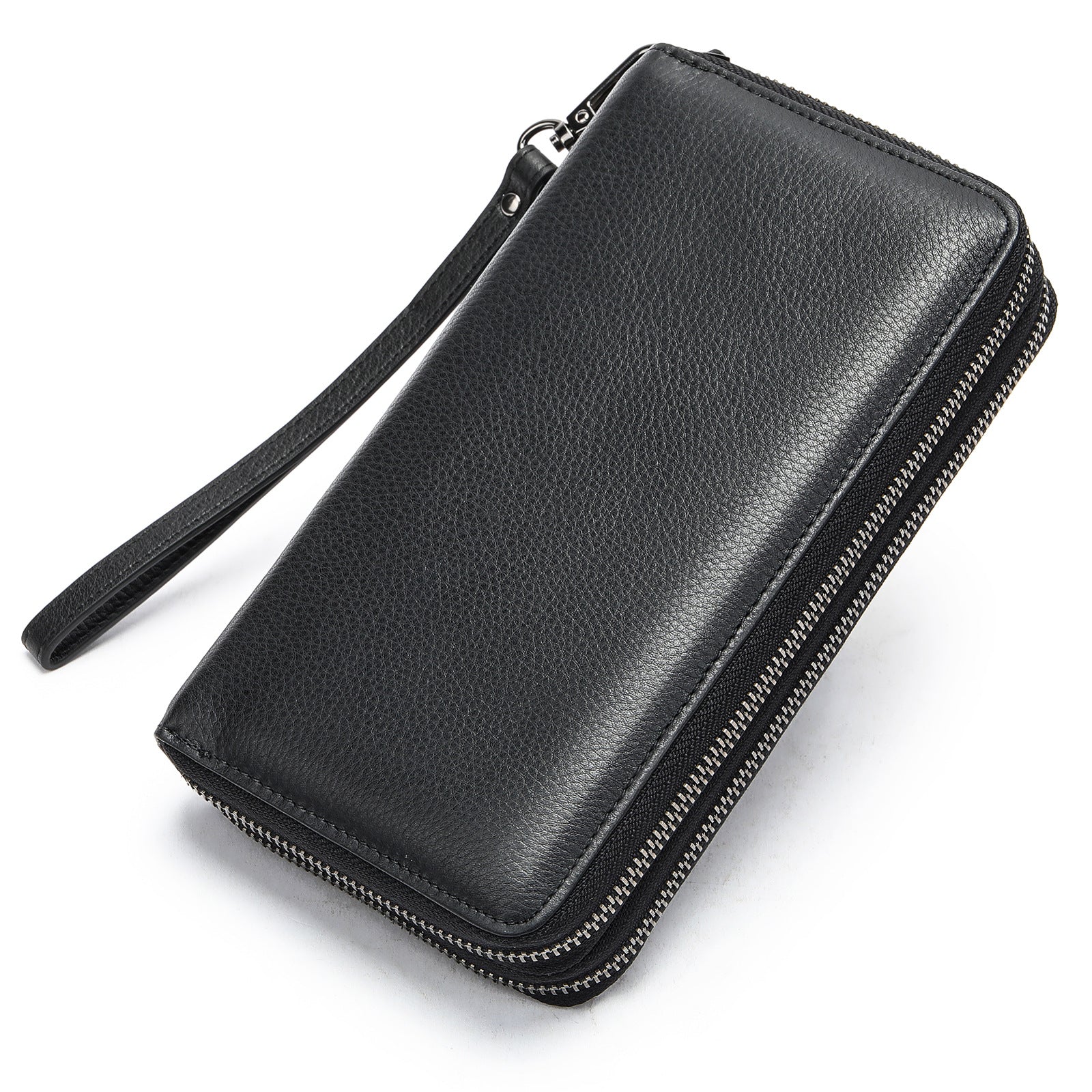 Portafoglio uomo lungo in vera pelle con zip, stile clutch Valstrend, con dettagli eleganti e spazio per carte e contanti.