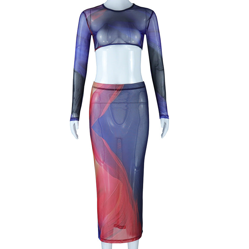 Completo donna Valstrend con top lungo stampato, gonna a tubino senza schiena e lacci, stile elegante e moderno