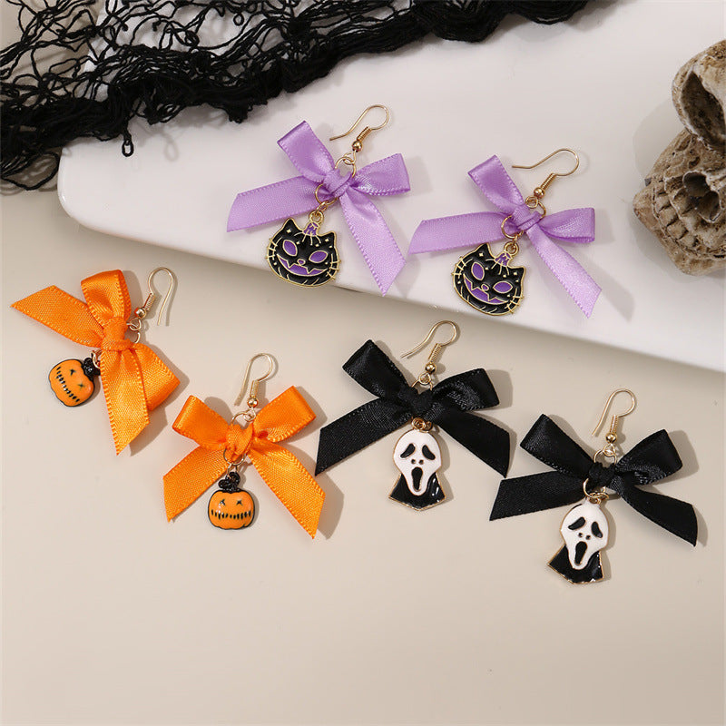 Orecchini a zucca con fiocco di raso nero, accessori Halloween femminili, stile Valstrend shop, decorativi e festivi