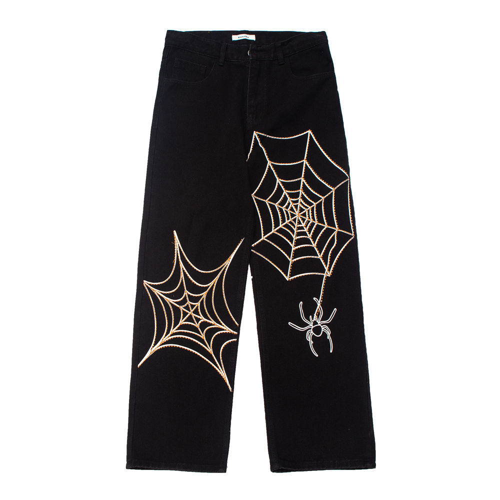 Jeans da uomo Valstrend con ricamo a ragnatela scura e dettagli in stile spider web, stile casual e moderno.