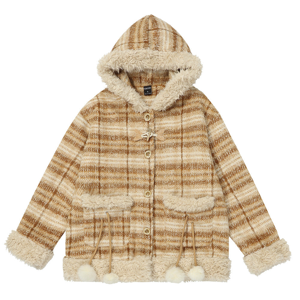 Yarn-dyed Stripes Hooded Cotton Coat Jacket Thickened