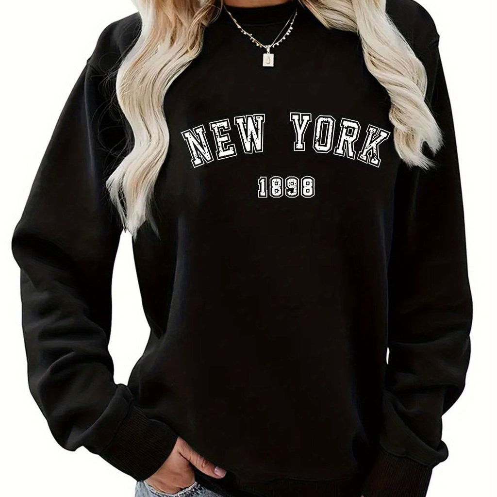 Felpa con stampa New York, donna, a manica lunga, girocollo, stile casual, ideale per autunno e inverno, marchio Valstrend.