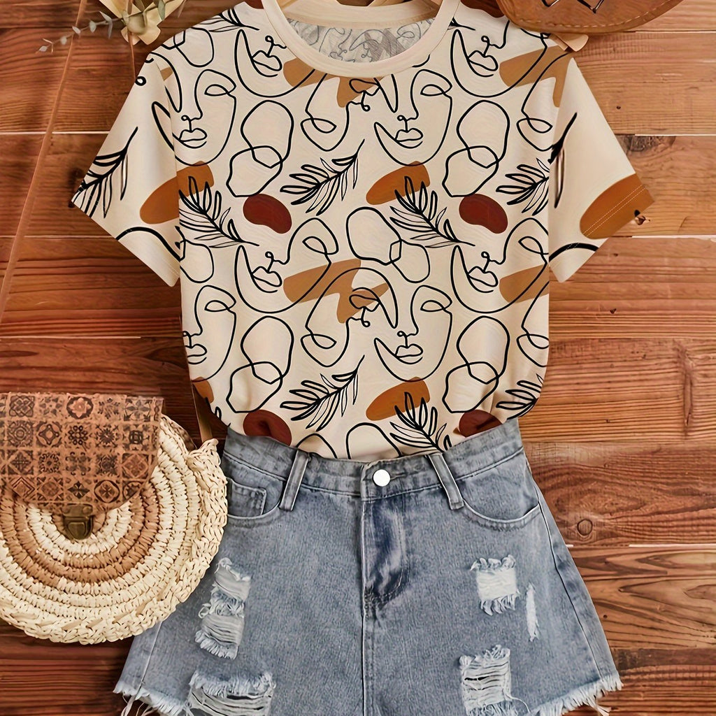 T-shirt donna con stampa astratta, manica corta, collo rotondo, abbigliamento casual primaverile e estivo di Valstrend.