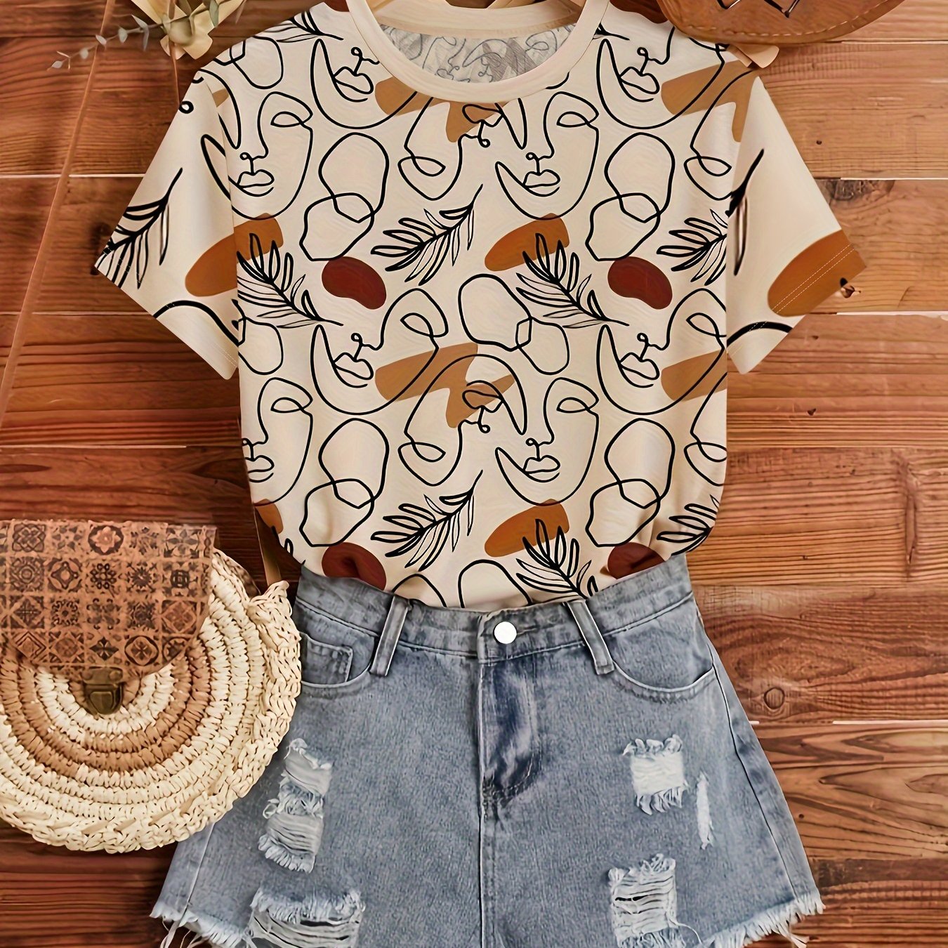 T-shirt donna con stampa astratta, manica corta, collo rotondo, abbigliamento casual primaverile e estivo di Valstrend.