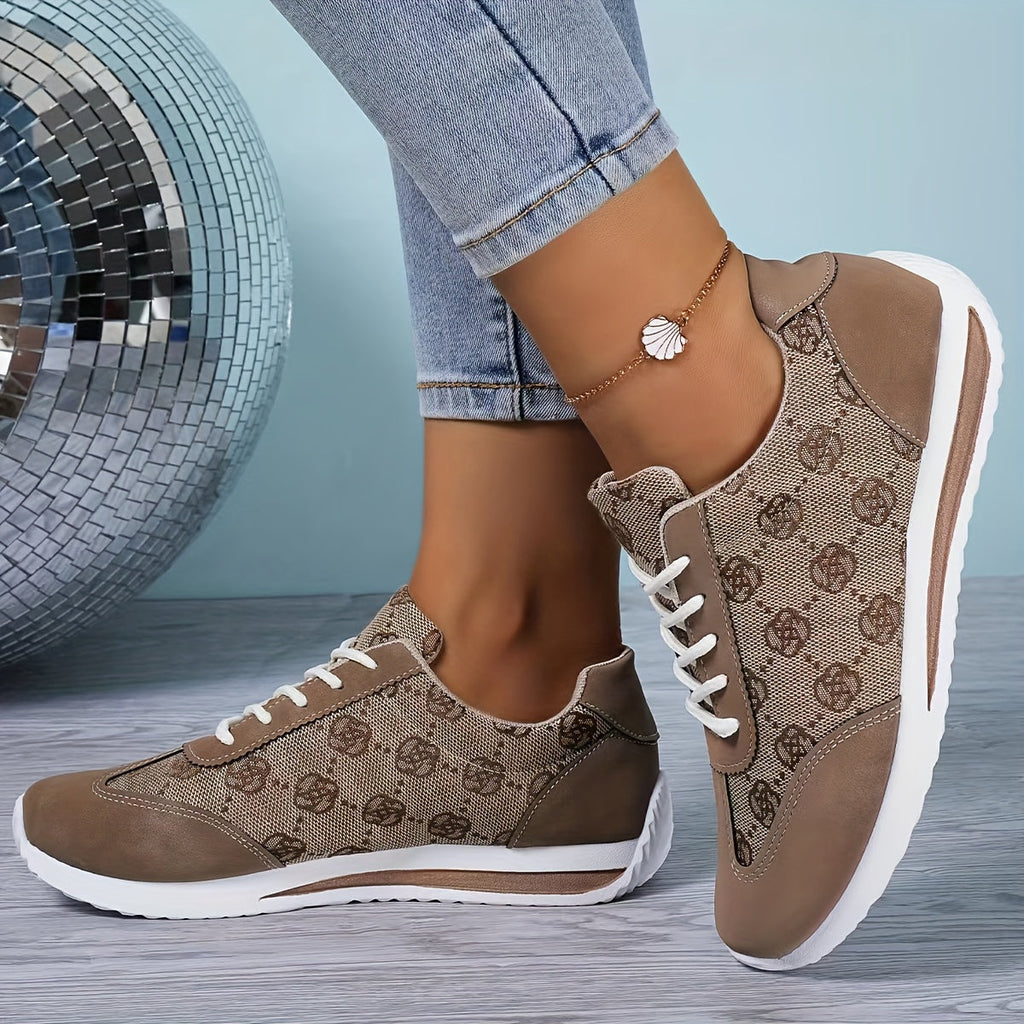 Scarpe sportive da donna Valstrend, sneakers casual con motivo a rose, lacci, suola morbida e piatta, tacchi bassi, stile preppy