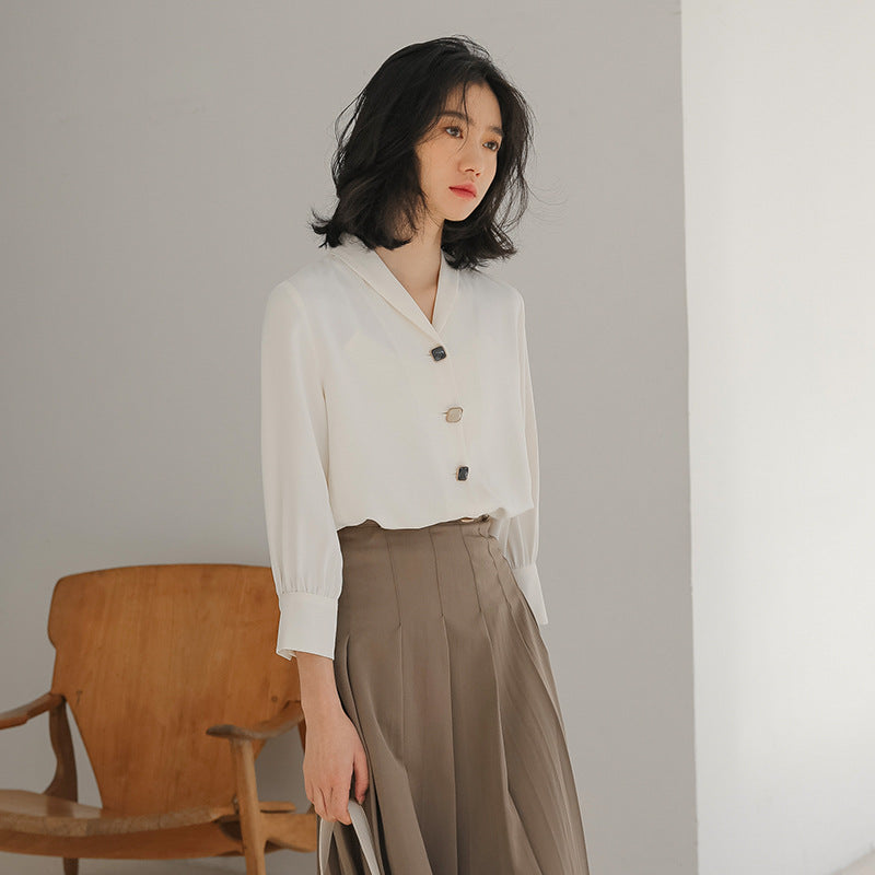 Real Shot Design Sense Niche Chiffon Shirt For Women Spring And Summer New Three-quarter Sleeve Temperament Slimming Shirt