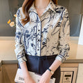 Camicia da donna Valstrend con stampa a maniche lunghe, collo a rever e dettaglio elegante, vestibilità comoda e stile raffinato
