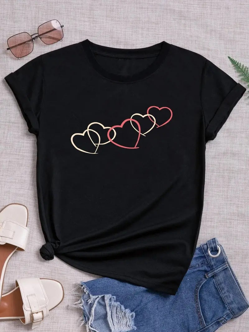 Maglietta a maniche corte con stampa a cuore cartone animato e scollo rotondo, marca Valstrend, tessuto leggero e comodo.