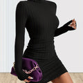 Ribbed Bodycon Turtleneck Dress, Elegant Long Sleeve Solid Dress, Women's Clothing