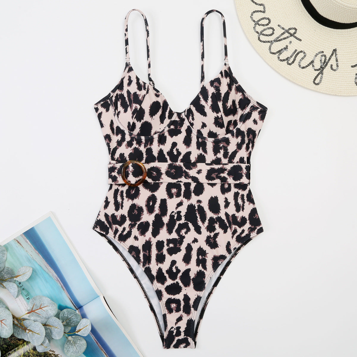 Costume intero da bagno leopardato Valstrend, con spalline sottili, scollo a V e cintura in vita, stile sexy e alla moda.