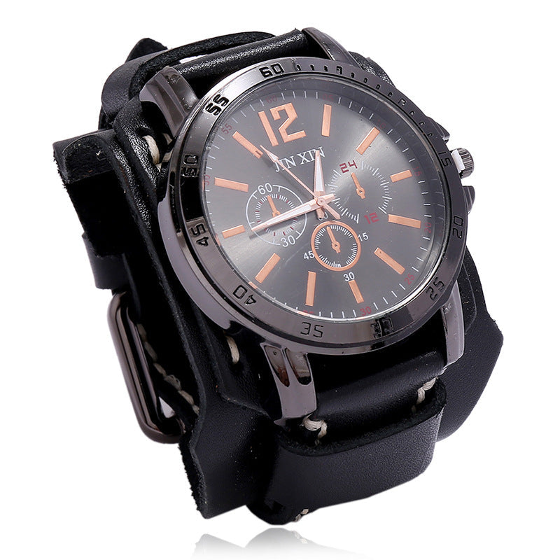 Orologio da uomo rétro Valstrend in pelle bovina con design dominante e stile elegante, visibile sul quadrante e cinturino in pelle.