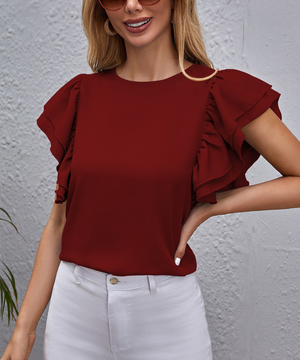 Maglietta Valstrend shop a doppio strato con foglia di loto, collo rotondo e stile estivo, visibile con dettagli di tessuto e design elegante