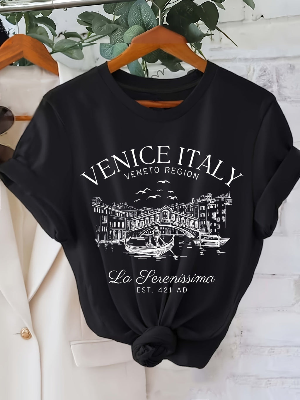 T-shirt donna Valstrend con stampa di Venezia, Italia, maniche corte, collo rotondo, abbigliamento casual estivo e primaverile
