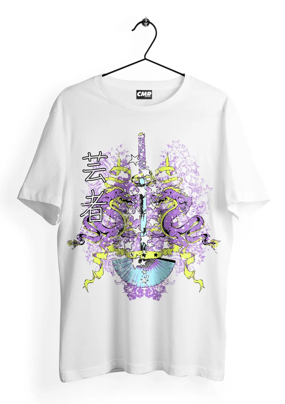 Maglietta T-Shirt CmrDesignStore con stampa di dragoni e katana in stile urban giapponese, fronte, taglia XS.