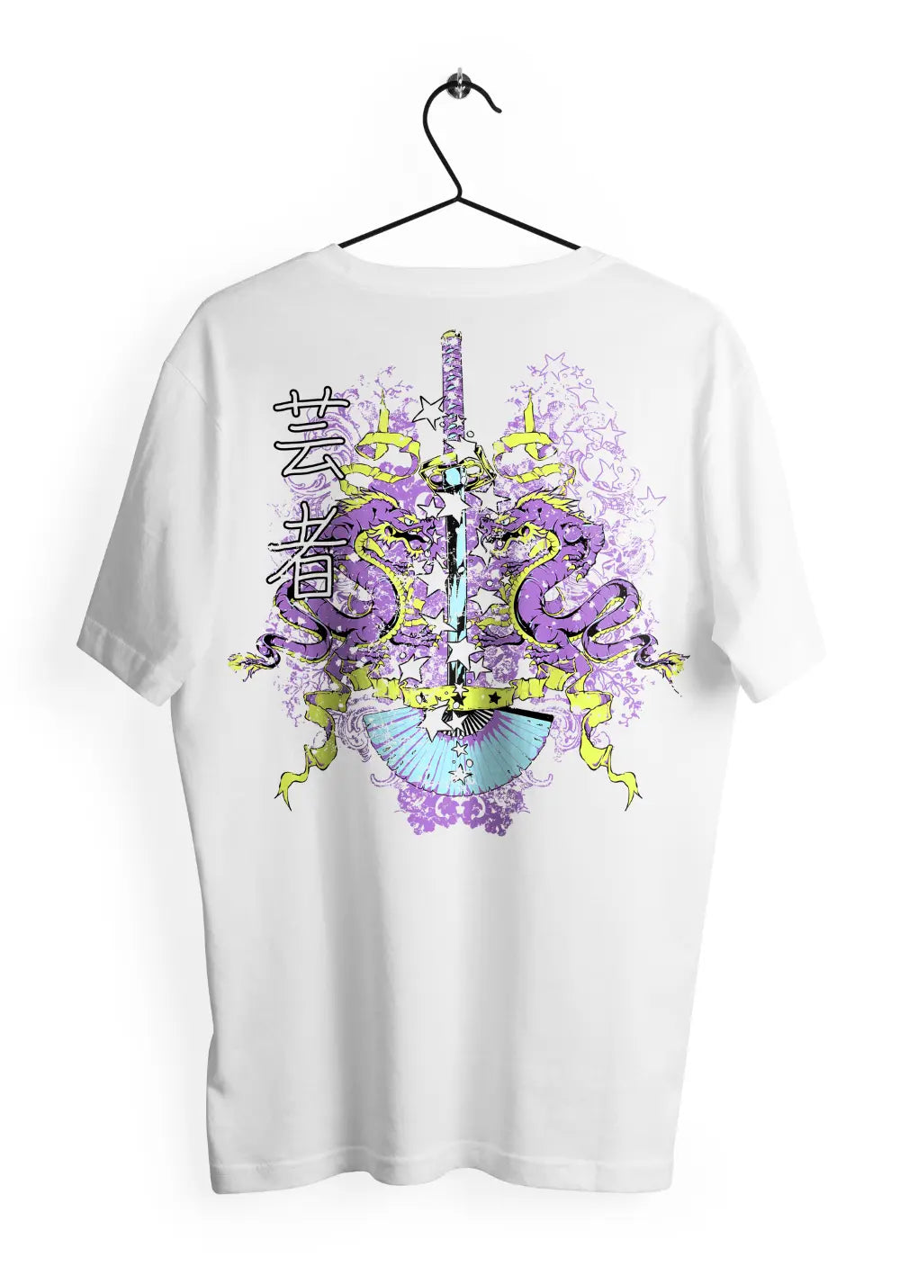 Maglietta T-Shirt CmrDesignStore con grafica di katana e dragoni in stile urbano giapponese, fronte, tessuto leggero, taglia XS