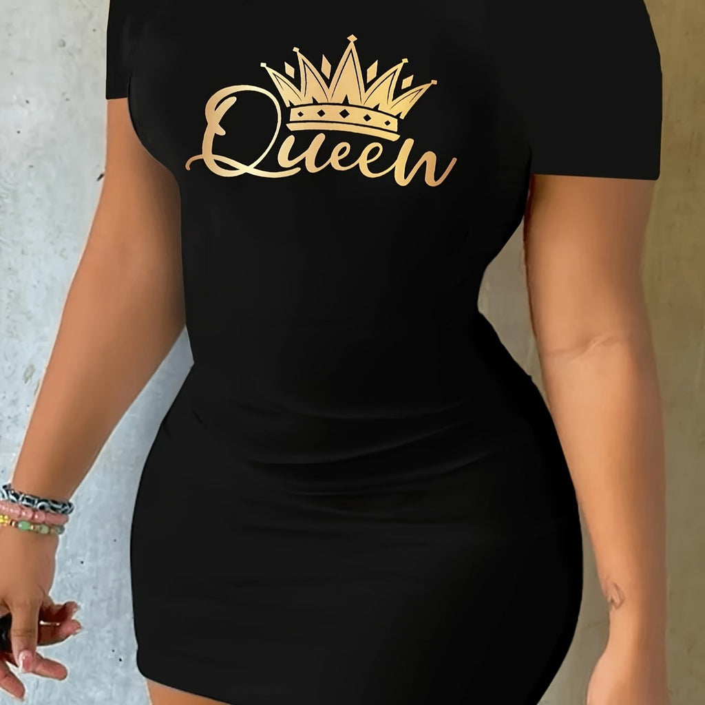 Letter Print Bodycon Crew Neck Dress, Casual Short Sleeve Dress For Spring & Summer, Women's Clothing