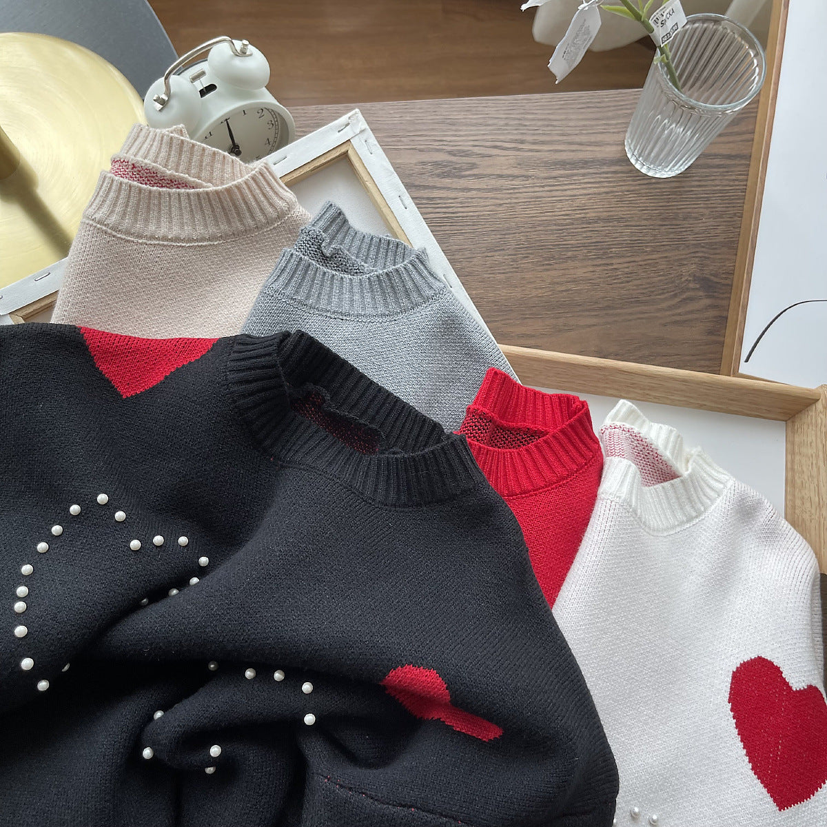 Maglione da donna Valstrend, maglia larga con collo rotondo, perle, colore pesca e maniche lunghe, stile elegante e casual