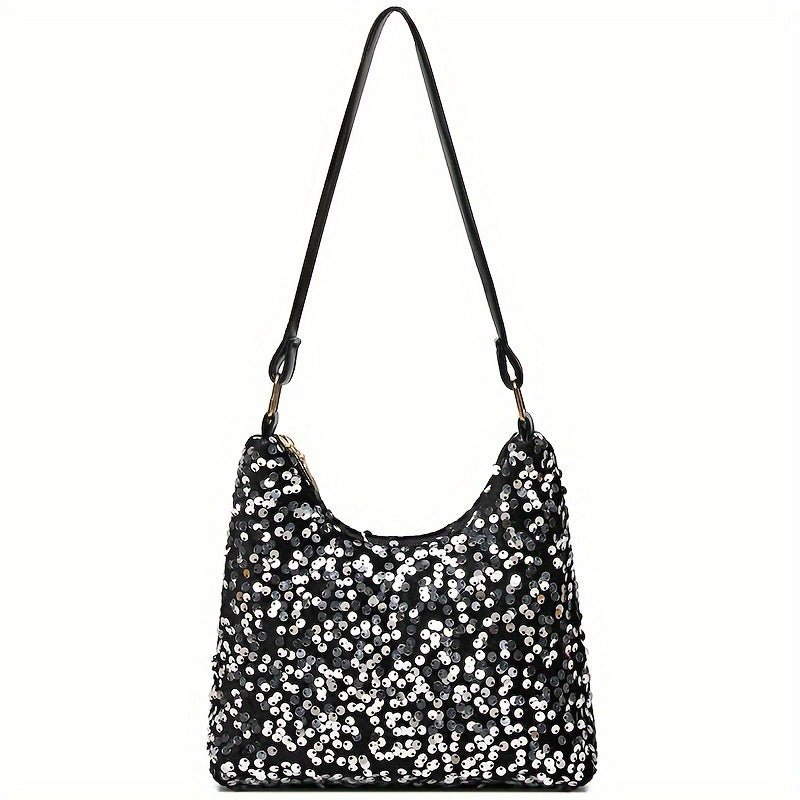 Women's Sequin Shoulder Bag, Casual Style, Black Nylon, No Wash, Solid Color, Adjustable Strap, Zipper Closure, Polyester Lining, Lightweight, Fashionable Korean Trend, Versatile Handbag for Ladies