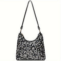 Women's Sequin Shoulder Bag, Casual Style, Black Nylon, No Wash, Solid Color, Adjustable Strap, Zipper Closure, Polyester Lining, Lightweight, Fashionable Korean Trend, Versatile Handbag for Ladies