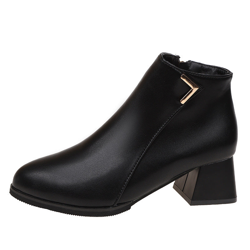 Stivali da donna Valstrend con tacco rotondo chunky, colore solido, stile europeo e americano, altezza corta, scarpe di tendenza