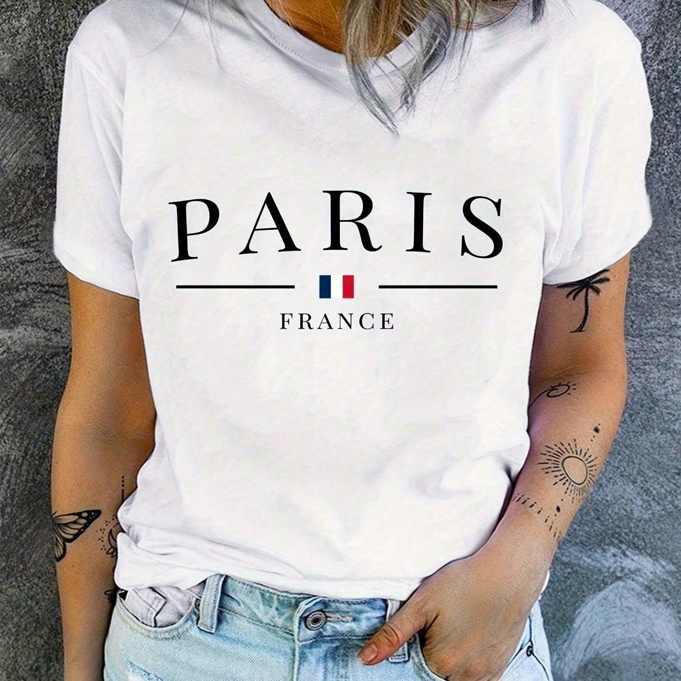 T-shirt donna Valstrend con stampa Paris, maniche corte, collo rotondo, abbigliamento casual per primavera e estate.