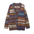 Cardigan a righe con scollo a V in tessuto a fili annodati Valstrend, maglione in maglia con motivi a righe colorate.
